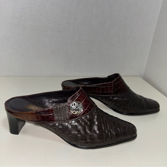 Brighton Shoes - Brighton Tryst Brown Woven Leather Medallion Slip On Heel Mule